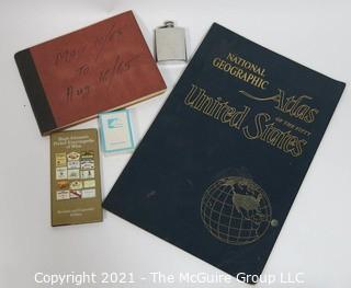 Eclectic grouping: Metal flask; Pan Am playing cards; Train record log 1965; world atlas and wine book