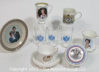 Group of Royal Commemorative Items for Queen Elizabeth and Prince Charles and Lady Diana. 