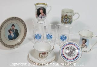 Group of Royal Commemorative Items for Queen Elizabeth and Prince Charles and Lady Diana. 