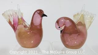 Two Murano Hand Blown Glass Bird Figures with Artist Name on Base.  They measures approximately 4" tall.