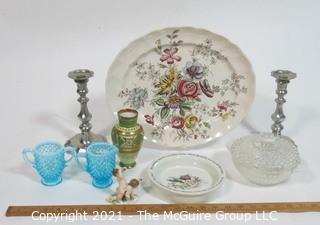 Group of Porcelain, Glass and Metal Items. Includes Beatrix Potter Wedgwood, Sheraton by Johnson Bros China and Hobnail Glass.