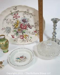 Group of Porcelain, Glass and Metal Items. Includes Beatrix Potter Wedgwood, Sheraton by Johnson Bros China and Hobnail Glass.