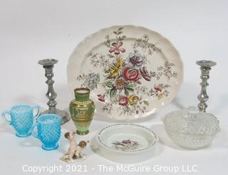 Group of Porcelain, Glass and Metal Items. Includes Beatrix Potter Wedgwood, Sheraton by Johnson Bros China and Hobnail Glass.