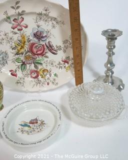 Group of Porcelain, Glass and Metal Items. Includes Beatrix Potter Wedgwood, Sheraton by Johnson Bros China and Hobnail Glass.