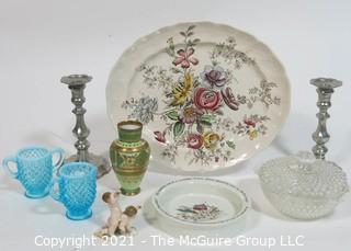 Group of Porcelain, Glass and Metal Items. Includes Beatrix Potter Wedgwood, Sheraton by Johnson Bros China and Hobnail Glass.