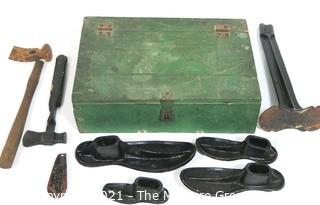 Shoe Maker's Tool Kit in Green Wooden Box.