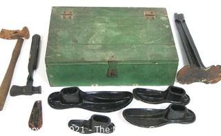 Shoe Maker's Tool Kit in Green Wooden Box.