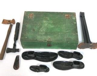 Shoe Maker's Tool Kit in Green Wooden Box.