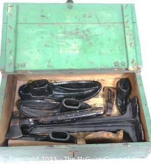 Shoe Maker's Tool Kit in Green Wooden Box.