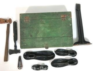 Shoe Maker's Tool Kit in Green Wooden Box.