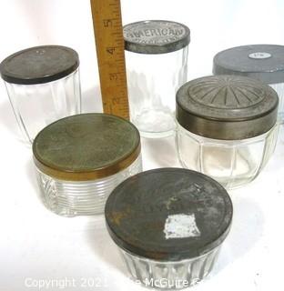 Collection of Vintage Glass Jars with Metal Lids.  Includes Snuff, Vanity and Cannng. 