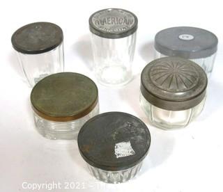 Collection of Vintage Glass Jars with Metal Lids.  Includes Snuff, Vanity and Cannng. 