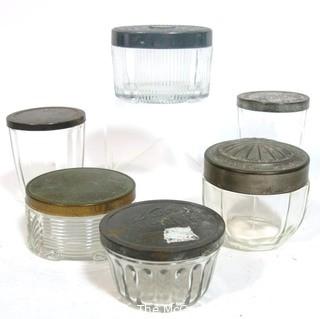 Collection of Vintage Glass Jars with Metal Lids.  Includes Snuff, Vanity and Cannng. 