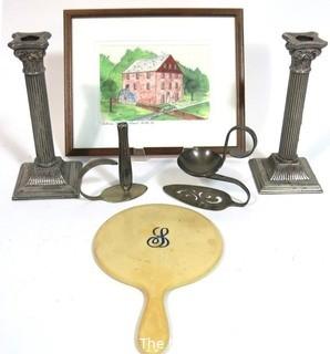 Candle Sticks, Original Drawing of Colvin Mill and Vanity Hand Mirror. 