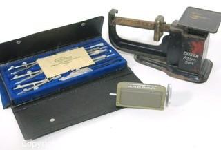 Vintage Airmail Postage Scale, Mechanical Counter and Drafting Tools Set.