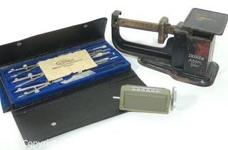 Vintage Airmail Postage Scale, Mechanical Counter and Drafting Tools Set.