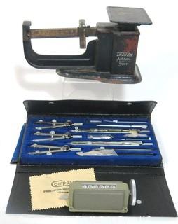 Vintage Airmail Postage Scale, Mechanical Counter and Drafting Tools Set.