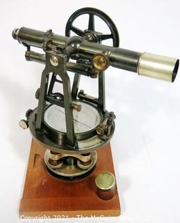 Vintage Warren Knight Co Sterling Transit Brass Surveying Scope Tool Mounted on wooden Base.