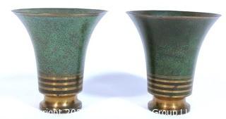 Pair of Carl Sorenson Art Deco Moderne Copper with Green Speckle Patina Trumpet Flare Vase. The measure approximately 8" tall. 