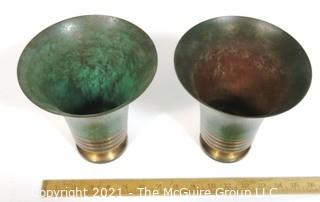 Pair of Carl Sorenson Art Deco Moderne Copper with Green Speckle Patina Trumpet Flare Vase. The measure approximately 8" tall. 