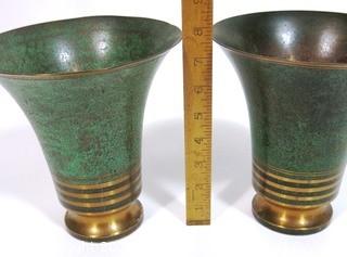 Pair of Carl Sorenson Art Deco Moderne Copper with Green Speckle Patina Trumpet Flare Vase. The measure approximately 8" tall. 