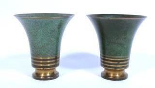 Pair of Carl Sorenson Art Deco Moderne Copper with Green Speckle Patina Trumpet Flare Vase. The measure approximately 8" tall. 