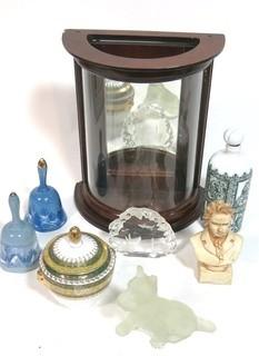 Collection of Decorative Items with Small Bow Curved Glass Case 