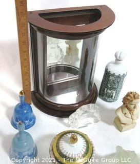 Collection of Decorative Items with Small Bow Curved Glass Case 