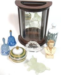 Collection of Decorative Items with Small Bow Curved Glass Case 