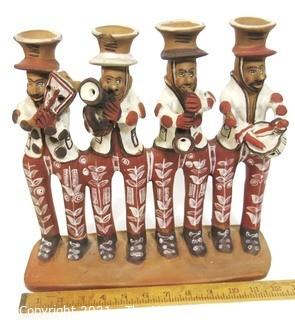 Mexican Folk Art Mariachi Clay Pottery Candle Sticks.  Small Chip. 