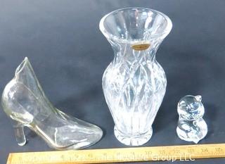 Group of Three Clear Crystal Glass Decorative Items