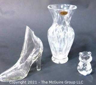 Group of Three Clear Crystal Glass Decorative Items