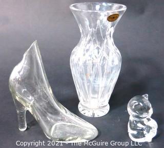 Group of Three Clear Crystal Glass Decorative Items