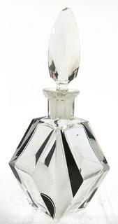 Karel Palda Bohemian Czech Art Deco Clear Cut Glass With Black Accents Decanter or Perfume Bottle with Dobber.   Small Chip on Stopper.