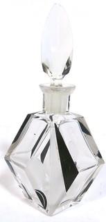 Karel Palda Bohemian Czech Art Deco Clear Cut Glass With Black Accents Decanter or Perfume Bottle with Dobber.   Small Chip on Stopper.