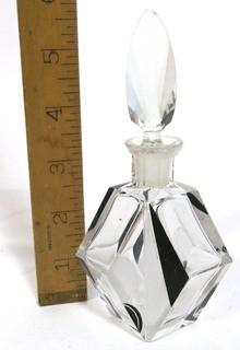 Karel Palda Bohemian Czech Art Deco Clear Cut Glass With Black Accents Decanter or Perfume Bottle with Dobber.   Small Chip on Stopper.