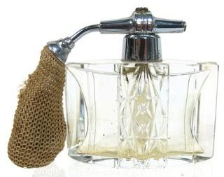 Bohemian Czech Art Deco Clear Cut Glass  Perfume Bottle with Atomizer.