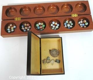 Carved Wooden Box and Wooden Box Mancala Game with Marbles. 