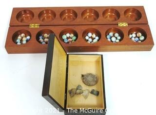 Carved Wooden Box and Wooden Box Mancala Game with Marbles. 