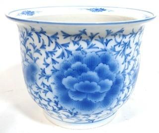 Large Heavy Asian Blue and White Porcelain Planter.  Measures approximately 12" in diameter and 9" tall