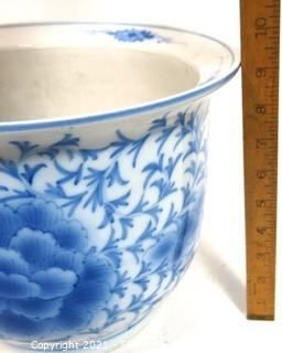 Large Heavy Asian Blue and White Porcelain Planter.  Measures approximately 12" in diameter and 9" tall