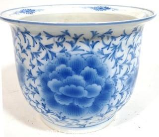 Large Heavy Asian Blue and White Porcelain Planter.  Measures approximately 12" in diameter and 9" tall