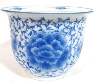 Large Heavy Asian Blue and White Porcelain Planter.  Measures approximately 12" in diameter and 9" tall