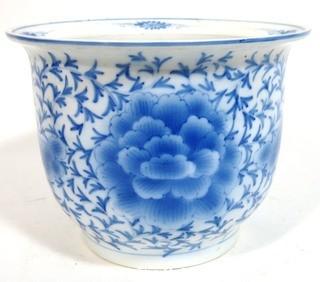 Large Heavy Asian Blue and White Porcelain Planter.  Measures approximately 12" in diameter and 9" tall