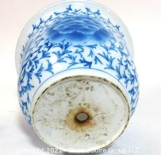 Large Heavy Asian Blue and White Porcelain Planter.  Measures approximately 12" in diameter and 9" tall