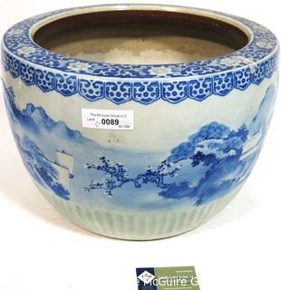 Large Heavy Asian Blue and White Porcelain Planter.  Measures approximately 17 1/2" in diameter and 12 1/2" tall