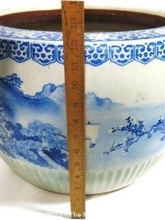 Large Heavy Asian Blue and White Porcelain Planter.  Measures approximately 17 1/2" in diameter and 12 1/2" tall