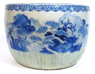 Large Heavy Asian Blue and White Porcelain Planter.  Measures approximately 17 1/2" in diameter and 12 1/2" tall