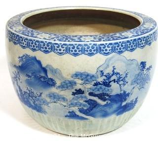 Large Heavy Asian Blue and White Porcelain Planter.  Measures approximately 17 1/2" in diameter and 12 1/2" tall