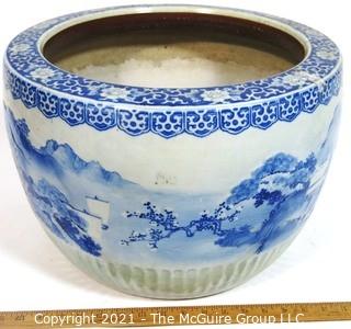 Large Heavy Asian Blue and White Porcelain Planter.  Measures approximately 17 1/2" in diameter and 12 1/2" tall